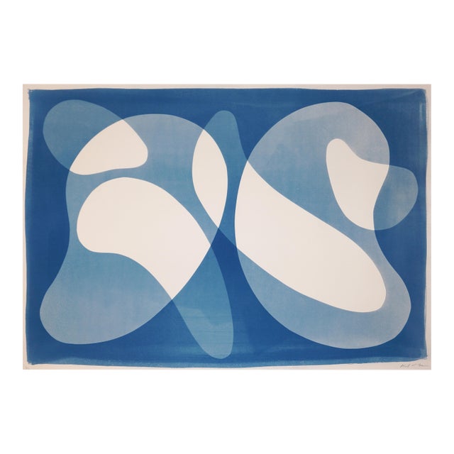 2026, Abstract Organic Monotype, Modern Floating Shapes in Blue Tones, Back to Back, Handmade MOnotype Cyanotype on Watercolor Paper For Sale