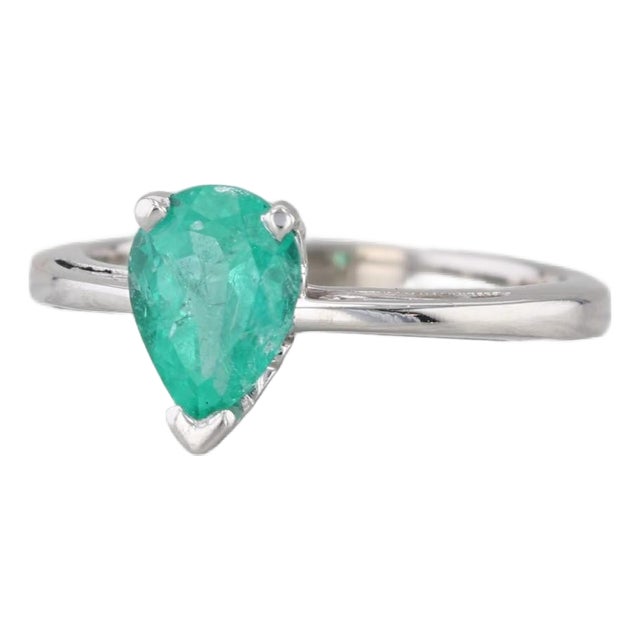 0.65ct Emerald Pear Solitaire Ring 14k White Gold Size 5 Engagement For Sale