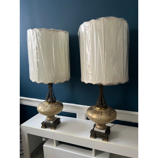Monumental Hollywood Regency Marble, Hand-Painted Glass & Bronze Table Lamps — 40.75” - a Pair For Sale - Image 16 of 18