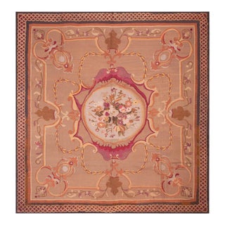 1830s Tan Taupe Floral Antique French Aubusson Rug 8'0" X 8'0" Handwoven Wool Carpet For Sale
