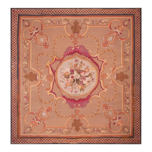 1830s Tan Taupe Floral Antique French Aubusson Rug 8'0" X 8'0" Handwoven Wool Carpet