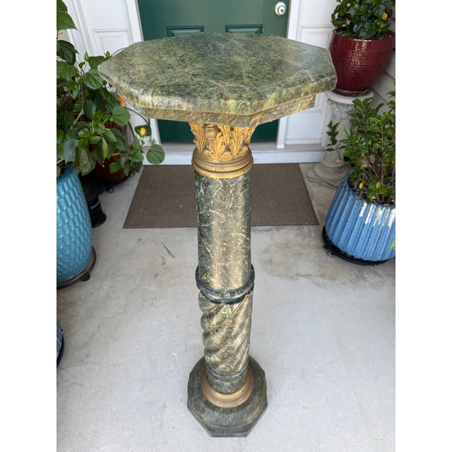 Fine Antique 1800s Verde Antico Marble Column Pedestal Ft. Gilded Corinthian Capital For Sale - Image 12 of 15