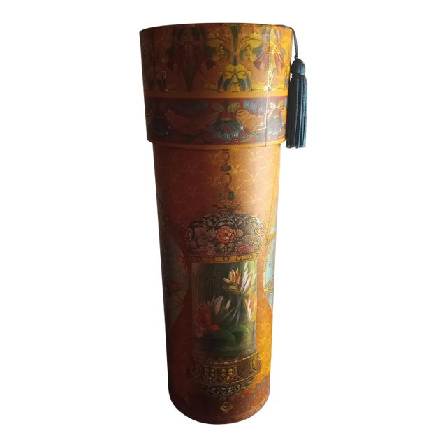 1990s Punch Studio Handpainted Gold Asian Motif Storage Tube For Sale