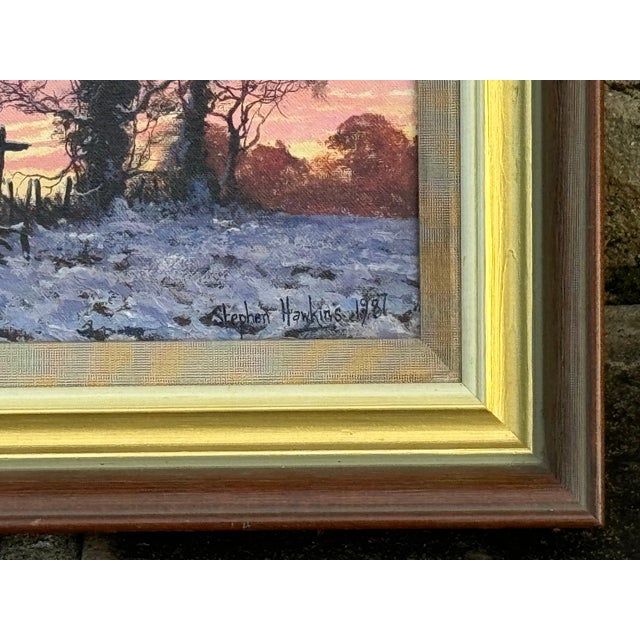 Winter Sunset with Snow - Pink, Orange & Purple Sky in the English Countryside 1987 For Sale - Image 4 of 9