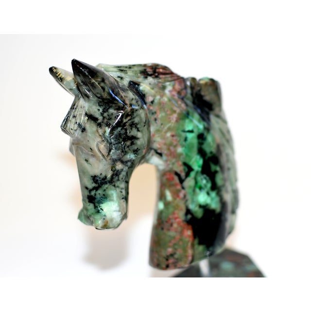 Natural Emerald Gemstone Horse Bust Sculpture Hand Carved Cherry Blossom For Sale - Image 13 of 13