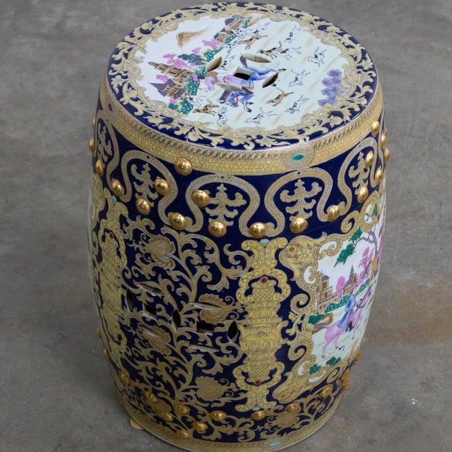 Ceramic 20th Century Chinoiserie Asian Garden Stool or Plant Stand Ornate Hand Painted Glazed Ceramic For Sale - Image 7 of 18