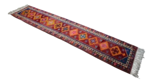 Hand-Knotted Turkish Runner Rug . Tribal Long Runner Rug 2′10″ × 13′