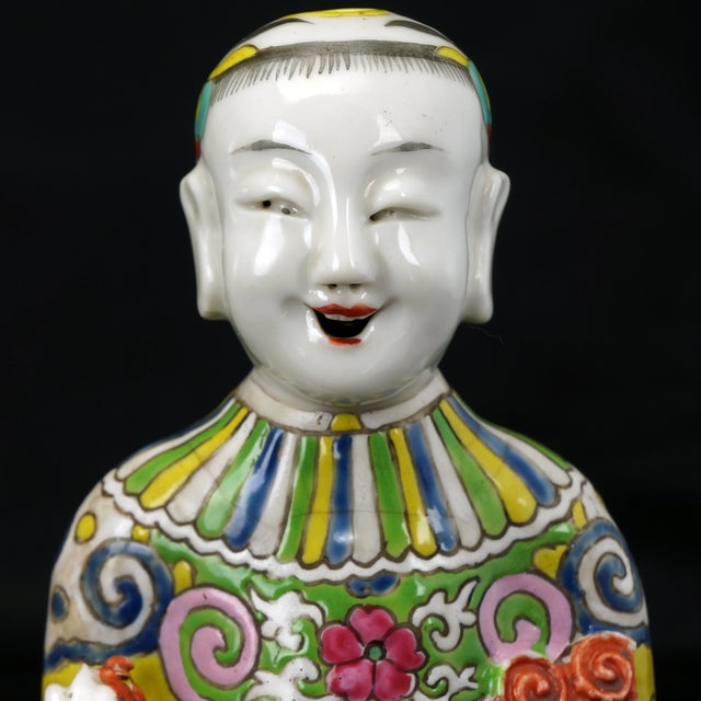 Ceramic Chinese Qing Polychrome Jos Stick Holder Boy Kneeling 19th Century For Sale - Image 7 of 11