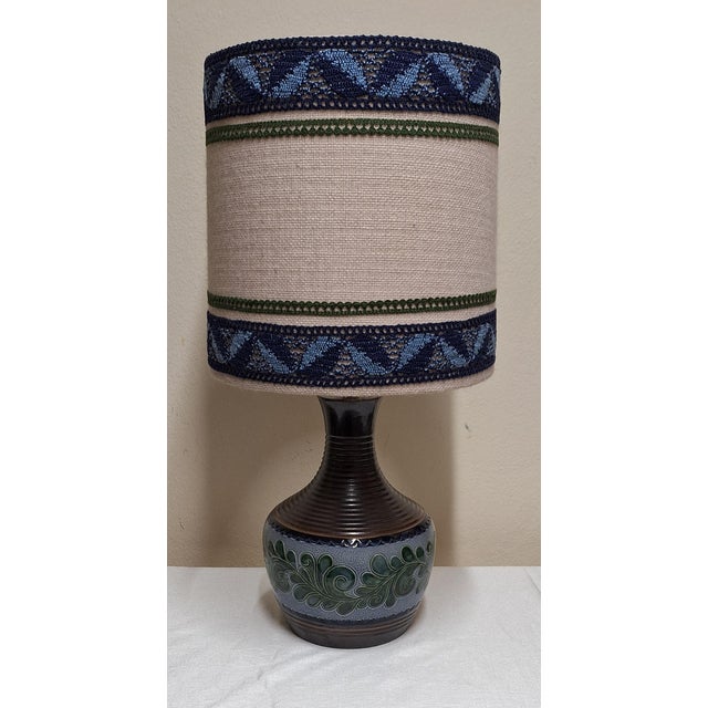 Vintage Table Lamp with Blue-Brown Ceramic Base and Fabric Shade, 1970s, in Very Good conditions. Designed 1970 to 1979...