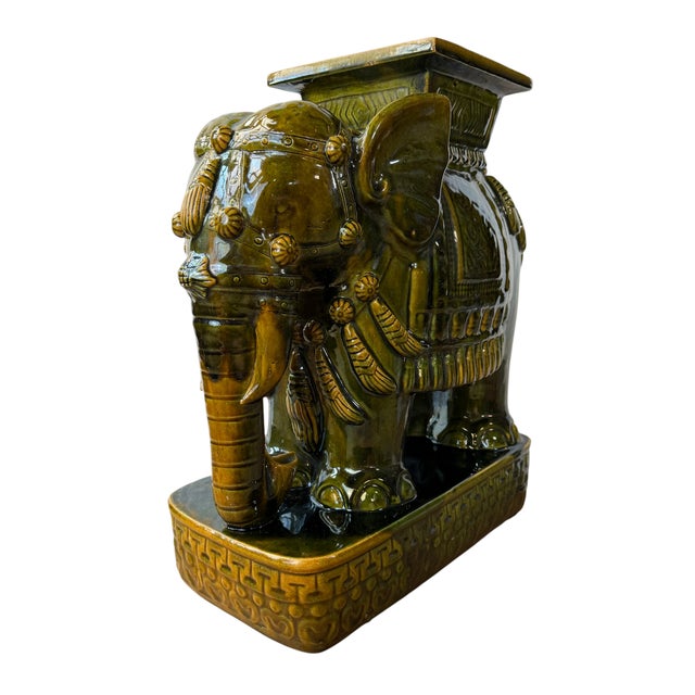 Mid 20th Century Green Glazed Ceramic Elephant Garden Stool / Plant Stand For Sale - Image 9 of 12