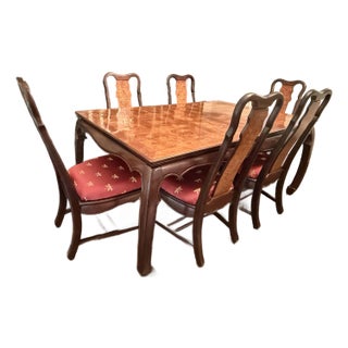 Vintage Asian-Inspired Burl Wood Dining Table & 6 Chairs Set For Sale