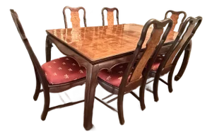 Vintage Asian-Inspired Burl Wood Dining Table & 6 Chairs Set