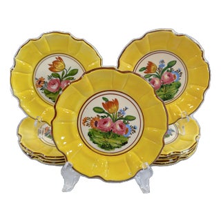 1960's Italian Yellow Scalloped Majolica Floral Salad Plates - Set of 10 For Sale