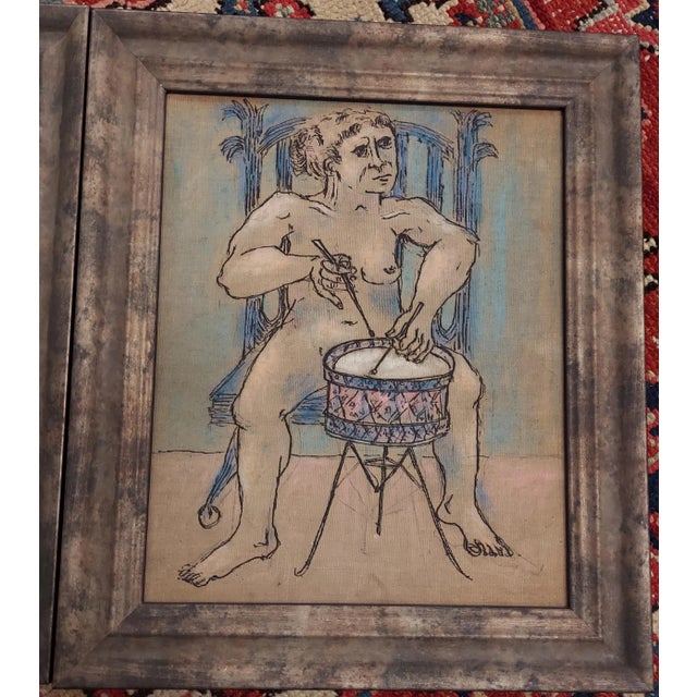 Pair Vintage Whimsical Female and Male Nude Holding Musical Instrument Mixed Media Paintings For Sale - Image 4 of 7