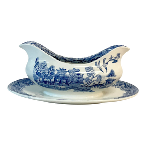 Antique English Ridgway Porcelain Blue Willow Gravy Boat With Attached Underplate