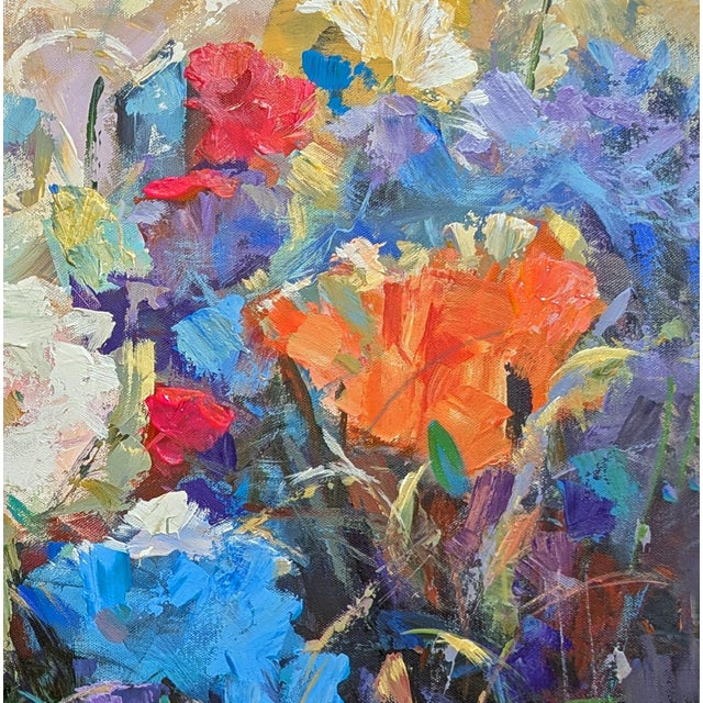Title: Spring Flowers White Red Blue Violet Orange Flowers Painting on Gallery Wrap Canvas Size: 30in x 30in