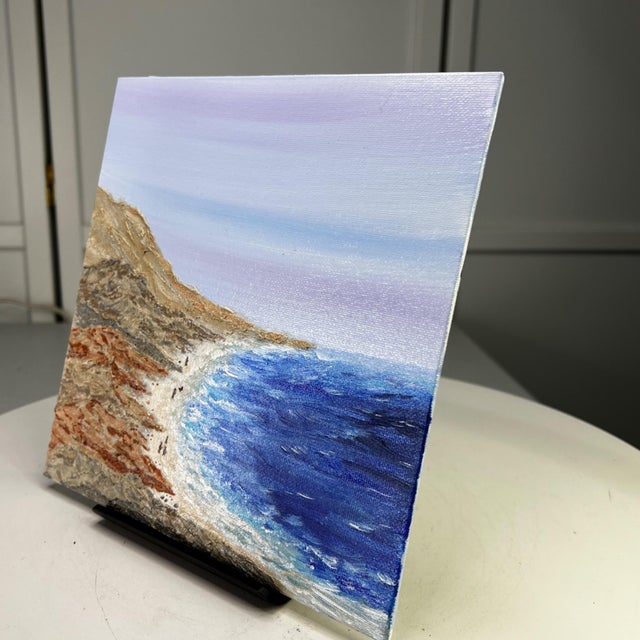 2020s Evening Stroll Beach Scene Wall Art 8" X 8" Acrylic Painting Original Unframed For Sale - Image 5 of 7