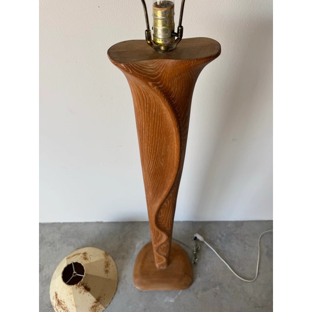 Yasha Heifetz Organic Biomorphic Carved Oak Sculptural Floor Lamp With Original Leather Shade For Sale - Image 10 of 12