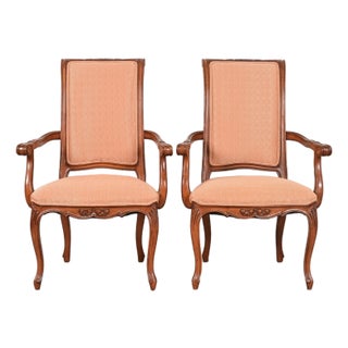 Baker Furniture French Provincial Louis XV Carved Walnut Armchairs or Dining Captain Chairs, Pair For Sale