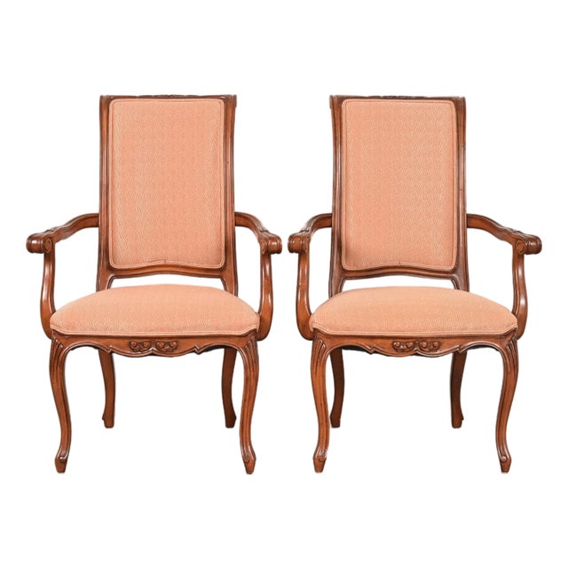 Baker Furniture French Provincial Louis XV Carved Walnut Armchairs or Dining Captain Chairs, Pair For Sale