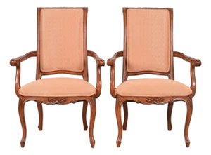 Baker Furniture French Provincial Louis XV Carved Walnut Armchairs or Dining Captain Chairs, Pair