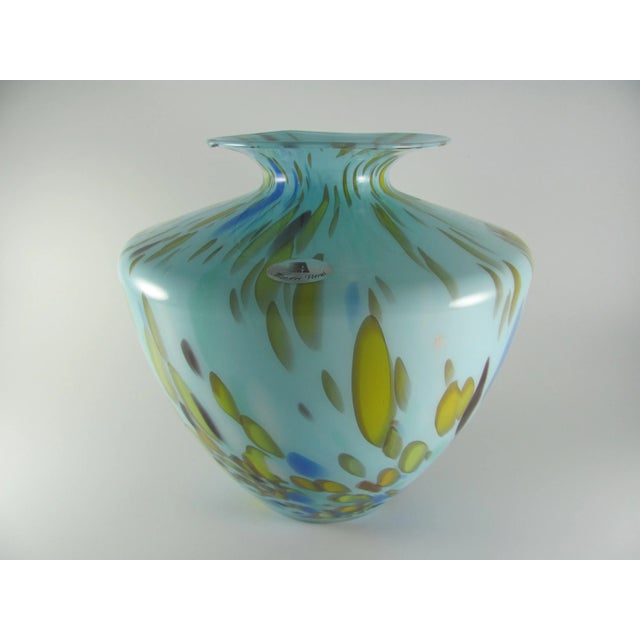 Large Mouth Blown Cased Art Glass Florence Tuscany Italy Turquoise Baby Blue Citrine Copper Vase For Sale - Image 9 of 9