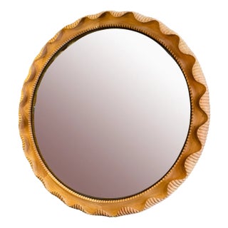 Large Distressed Convex Mirror with Carved Oak Frame For Sale