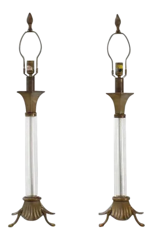Chapman Art Deco Nouveau Brass and Glass Table Lamps Mid-Century Modern - a Pair