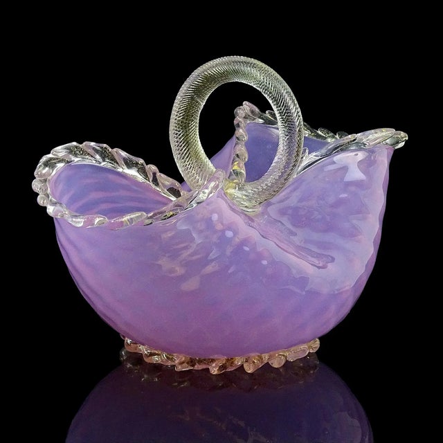 Mid 20th Century Vintage Murano Large Pink Opalescent Gold Flecks Diamond Quilted Italian Art Glass Basket Flower Vase For Sale - Image 5 of 13