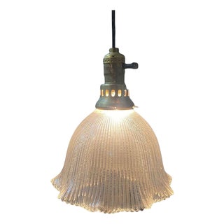 1940s Mid-Century Brass Hanging Ceiling Pendant Light With Holophane Glass Bell Shade For Sale