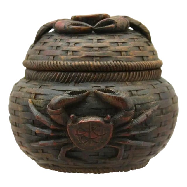 Antique Japanese Carved Wood Crab Basket Okimono, Meiji-Taishō Period For Sale