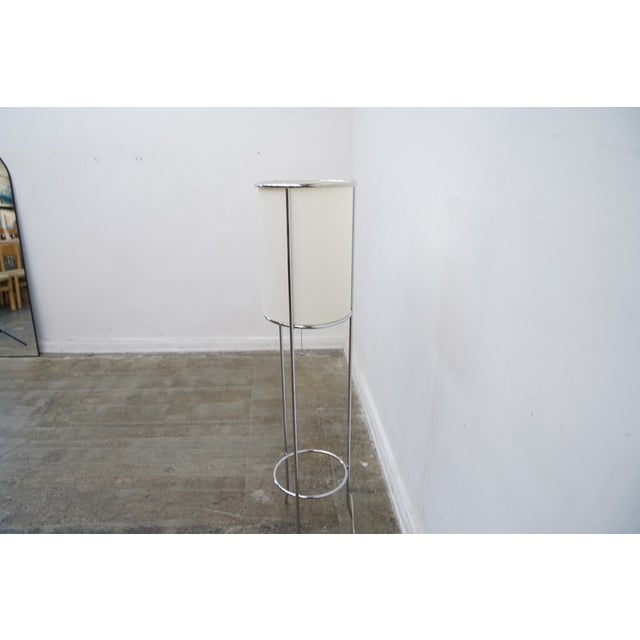 1980s Tri Pod Chrome & Linen Floor Lamp T.H. Robsjohn Gibbings Hansen Style For Sale In Los Angeles - Image 6 of 12