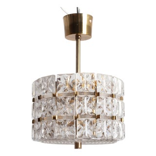 Vintage Crystal Glass and Brass Pendant Light by Carl Fagerlund for Orrefors, Sweden, 1960 For Sale