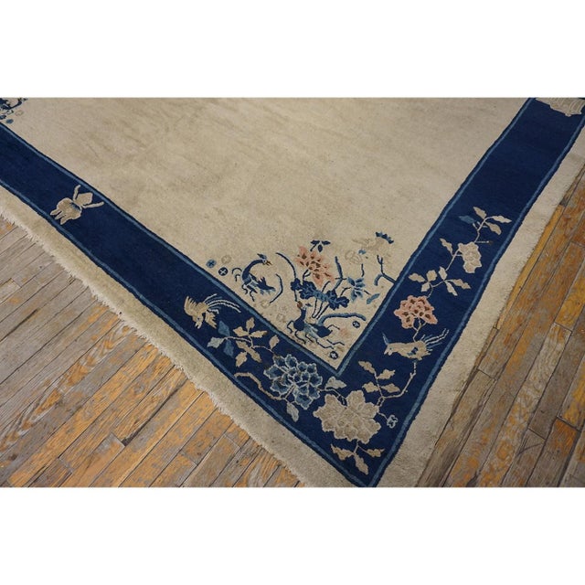 Textile 1920s Beige Traditional Chinese Floral Symbolism Antique Peking Carpet Rug For Sale - Image 7 of 9