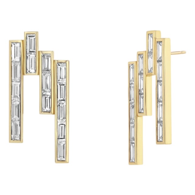 A Pair of Drop Down Studs 18k Yellow Gold 8 Ct Baguette Diamond Earrings, A Pair For Sale