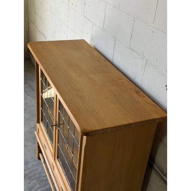 1960s In Style of Henning Kjærnulf Oak Glass Cabinet With Leaded Doors Vintage Danish Mid-Century Modern 1960s For Sale - Image 5 of 10