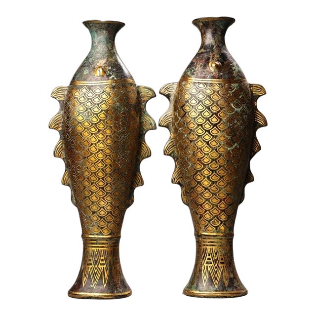 Pair of Vintage Bronze Fish Vases With Gold Inlay - 3.3 LBS Each For Sale