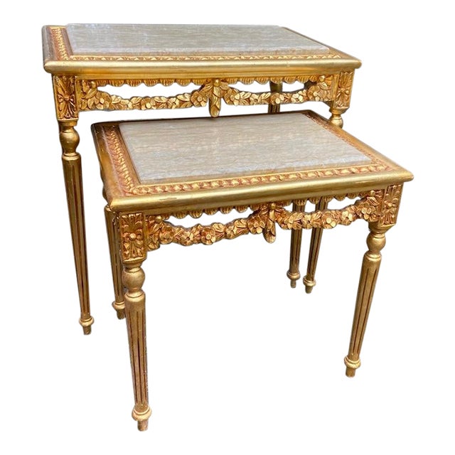Late 20thC French Louis XVI Gilded Beech Marble Nesting Tables Pair For Sale