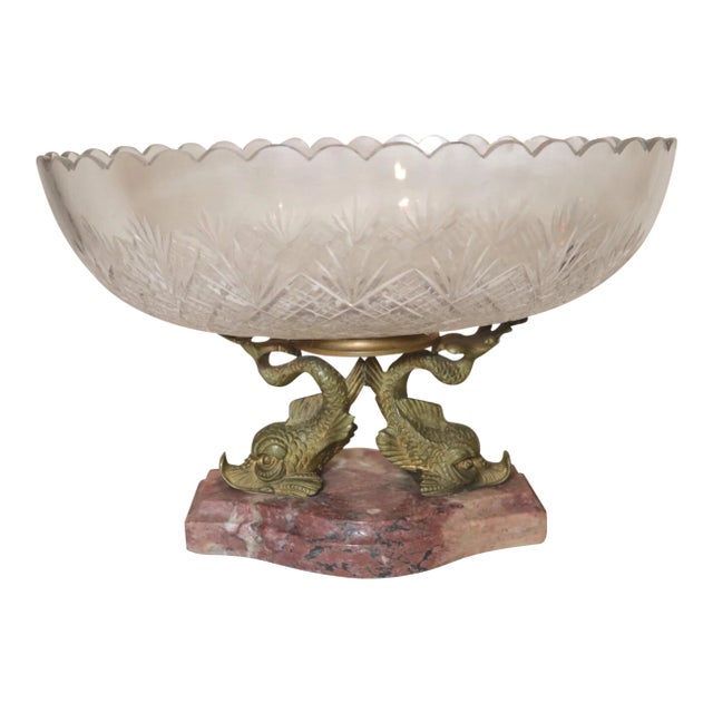 Antique Dore Bronze Marble Victorian Centerpiece Jardiniere Cut Crystal Bowl For Sale