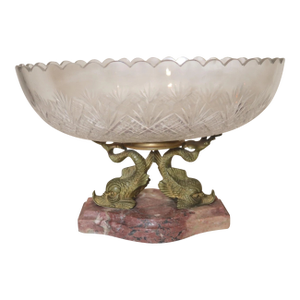 Antique Dore Bronze Marble Victorian Centerpiece Jardiniere Cut Crystal Bowl