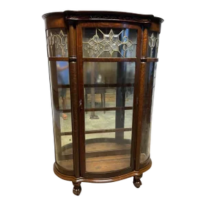 19th Century Antique Victorian Style Leaded Glass Tiger Oak Bow Front Curio Cabinet