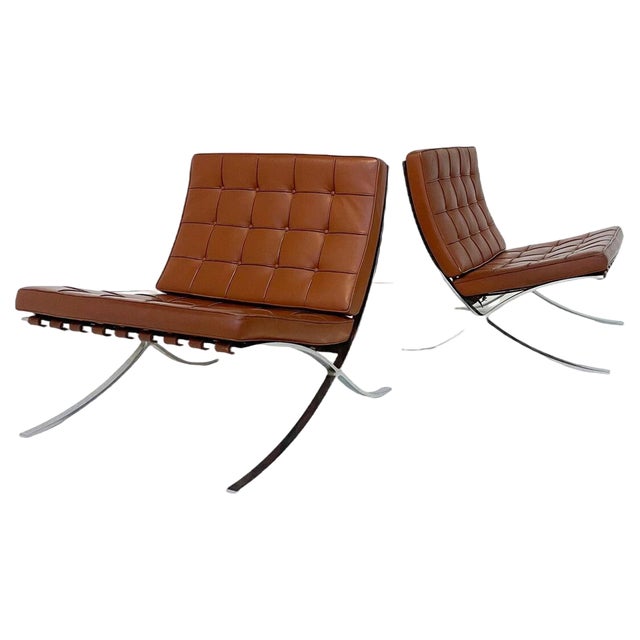 Set of Brown Leather Barcelona Chairs by Mies Van Der Rohe for Knoll, 1970 For Sale
