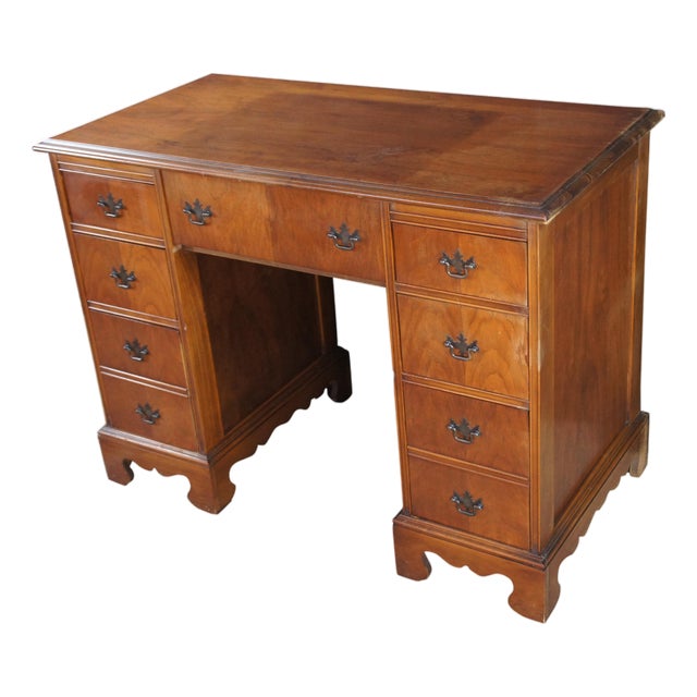 1940s Mid Century English Chippendale Style Walnut Kneehole Typewriter Writing Desk For Sale