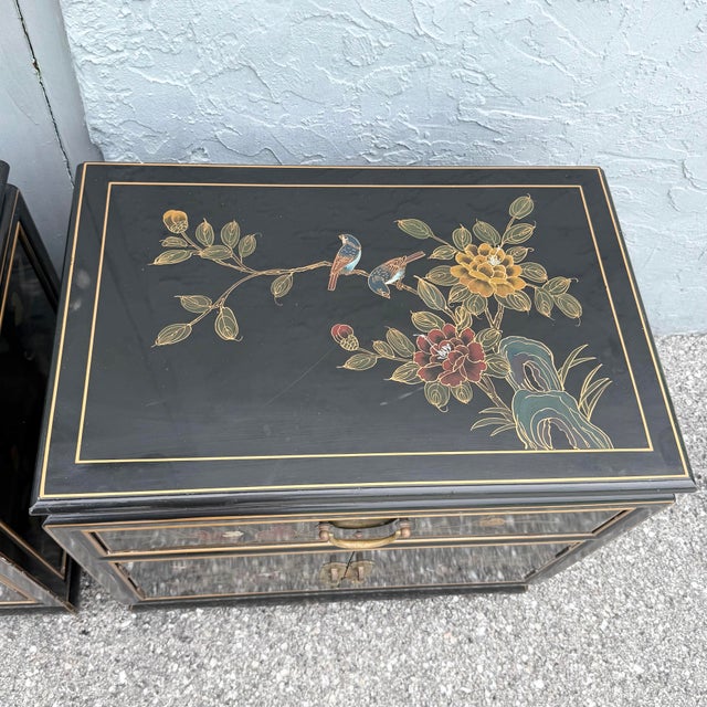 Vintage Cantonese Black Lacquered Hand Painted Nightstands - A Pair For Sale - Image 9 of 11