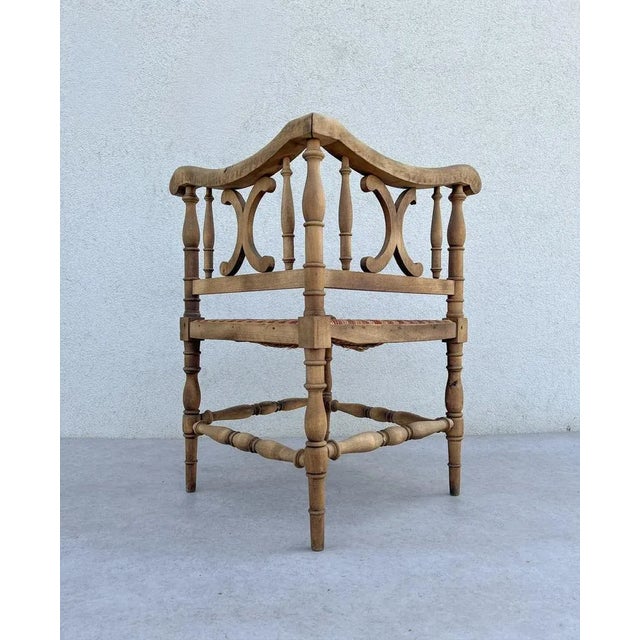 Wood French Carved Wood Corner Chair with Woven Rush Seat, Early 20th Century For Sale - Image 7 of 13