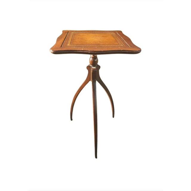 Brown Mid 20th Century Spider Tripod Mahogany and Tooled Leather Top Candle Stand For Sale - Image 8 of 9