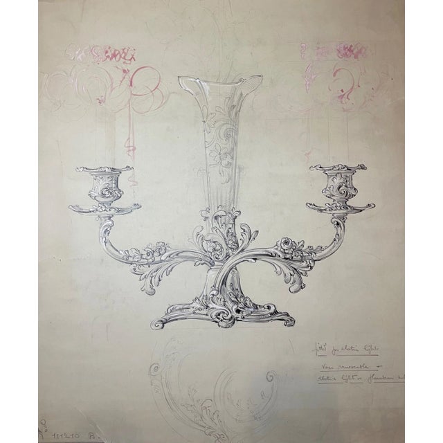 Reed & Barton Antique 1800's Reed & Barton Original Silver Candelabra Blueprint Ink Sketch For Sale - Image 4 of 13