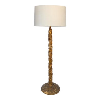 Gilt Mandarin Floor Lamp with Linen Drum Shade in the manner of James Mont For Sale