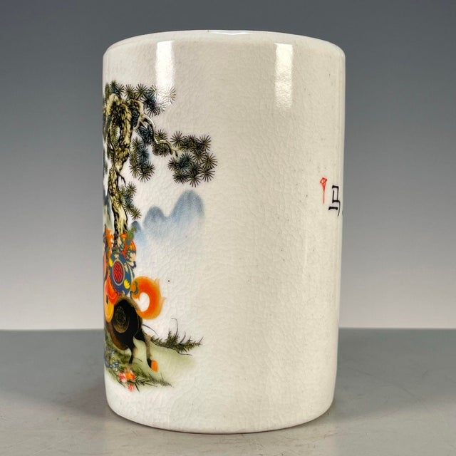 Famille Rose Crackle Glaze Porcelain Brush Pot With Horse Motif For Sale - Image 4 of 9