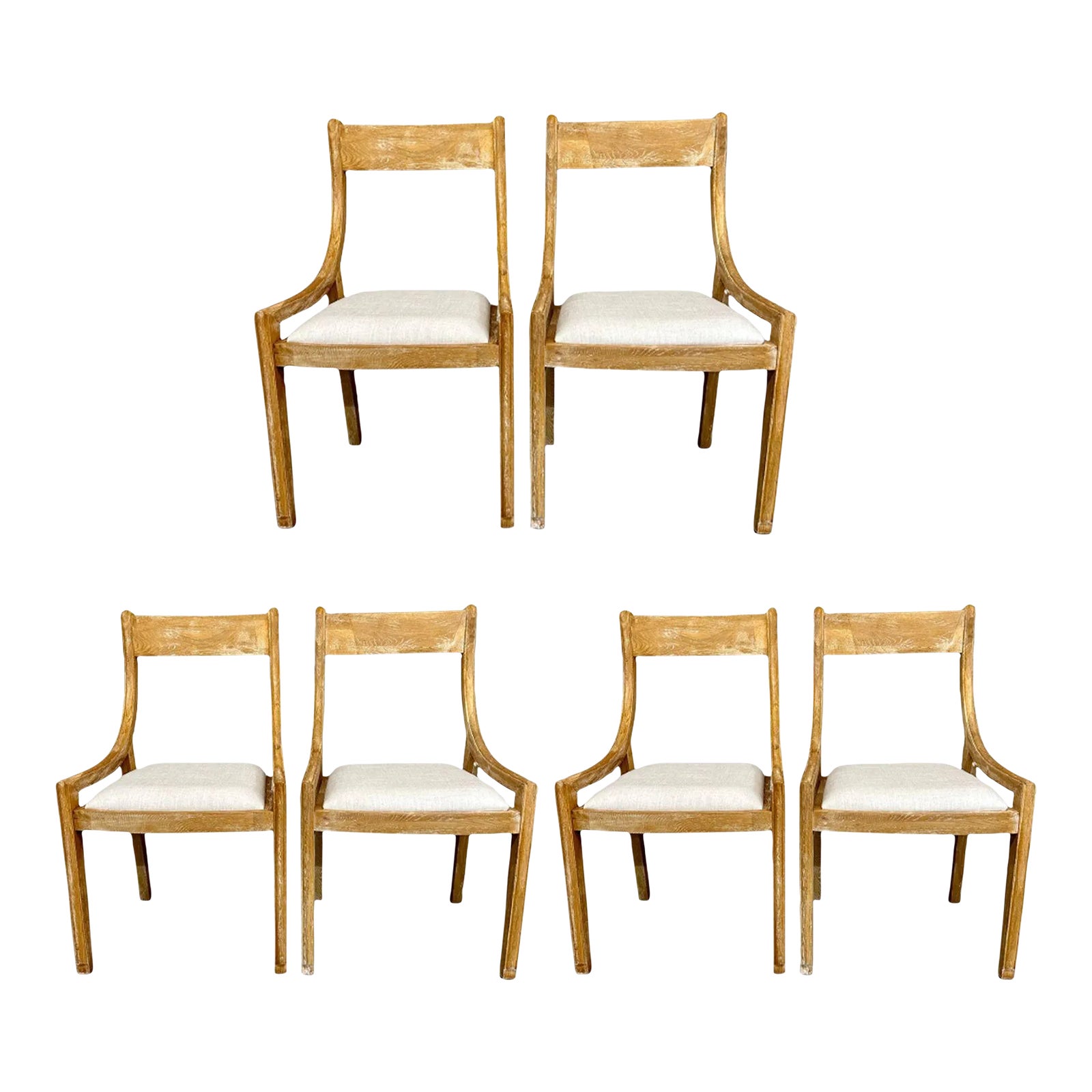 Set of 6 Farmhouse Modern Sleigh Back Dining / Side Chairs, Pickled Wood, Linen Chairish